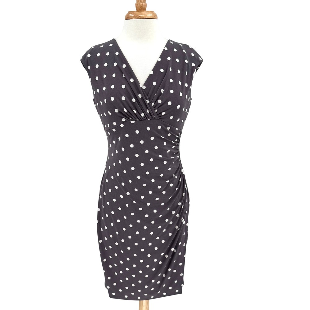 Lauren Ralph Lauren Gray Polka Dot Ruched V-Neck Sheath Dress Size 10